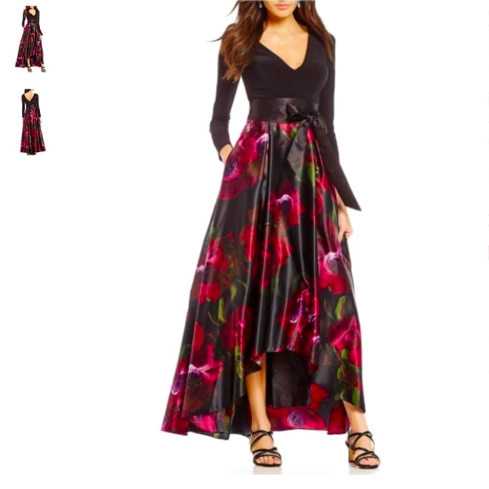 Xscape Deep V-Neck Hi Lo Brocade Gown